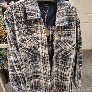 Charlie B Navy Cream Plaid Shacket Jacket Button Front Size XXL NWT